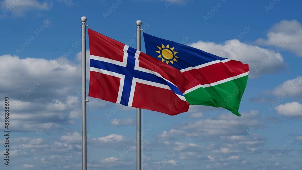 Norway and Namibia flags flying together, video concept of the relationship, two country relations concept Norway and Namibia flags flying together, video concept of the relationship, two country relations concept