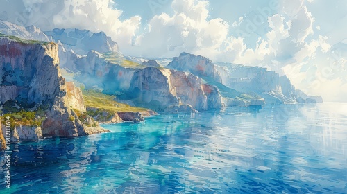 Dramatic cliffs with lush vegetation meeting a calm, blue sea under a sky filled with fluffy white clouds.