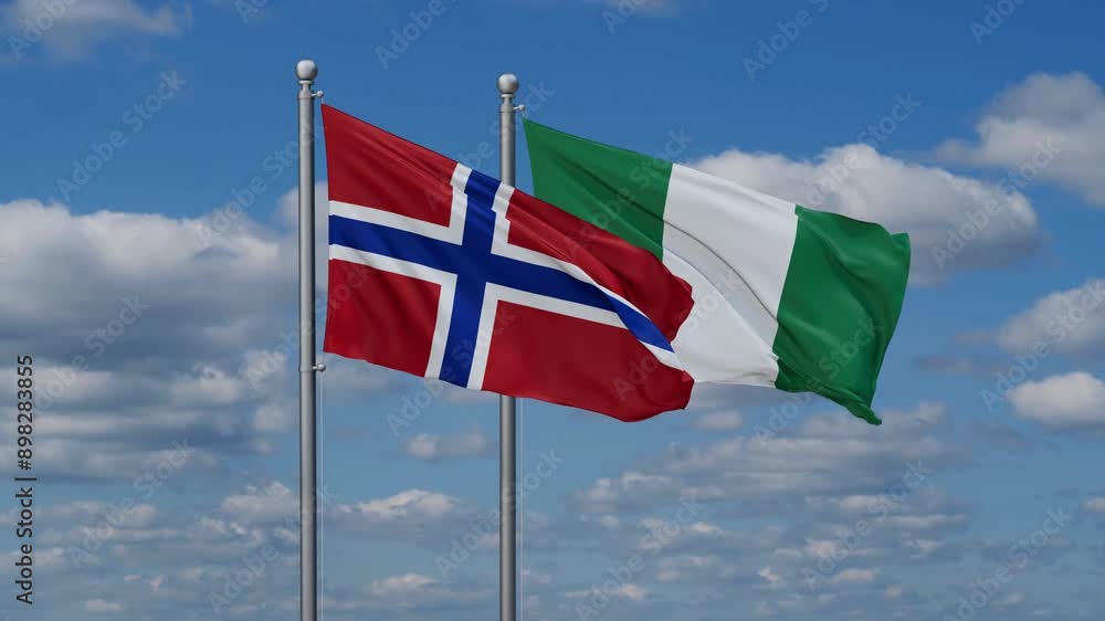 Nigeria and Norway flags flying together, video concept of the relationship, two country relations concept Nigeria and Norway flags flying together, video concept of the relationship, two country relations concept