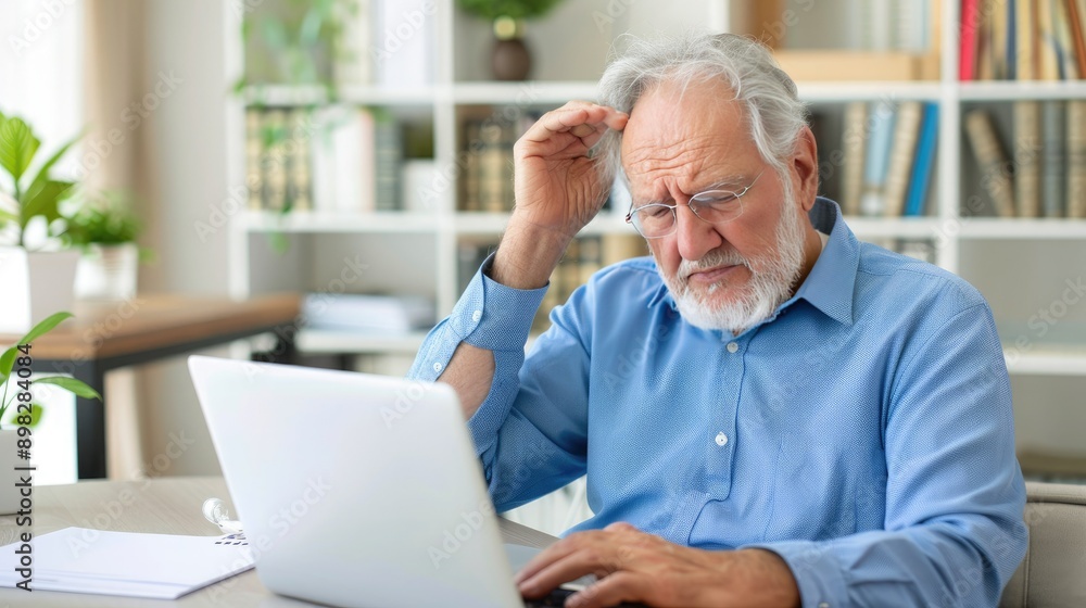 Senior Man Struggling With Technology in Home Office Senior Man Struggling With Technology in Home Office