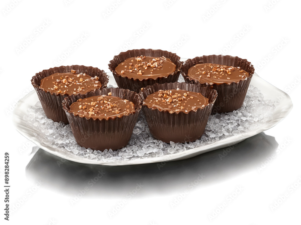 Chocolate milk chocolate caramel cups with sea salt topping on a transparent glass dish sweet Chocolate milk chocolate caramel cups with sea salt topping on a transparent glass dish sweet