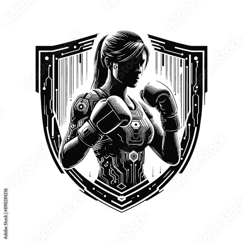 Boxing, Kickboxing   female player in cyberpunk pattern illustration, emblem shield badge