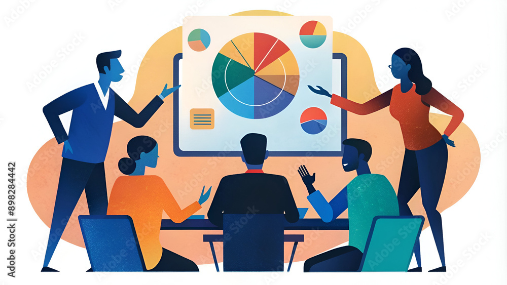 Business team discussing about the markting in meeting room ,cartoon style.7500x4220 px. Business team discussing about the markting in meeting room ,cartoon style.7500x4220 px.