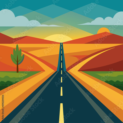 An asphalt road cutting through a vast field with a direction arrow, symbolizing rural journeys and choices vector backgrounds