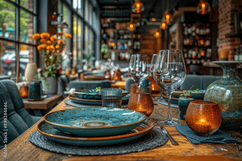 Elegant Table Setting with Blue Plates and Candles in a Restaurant