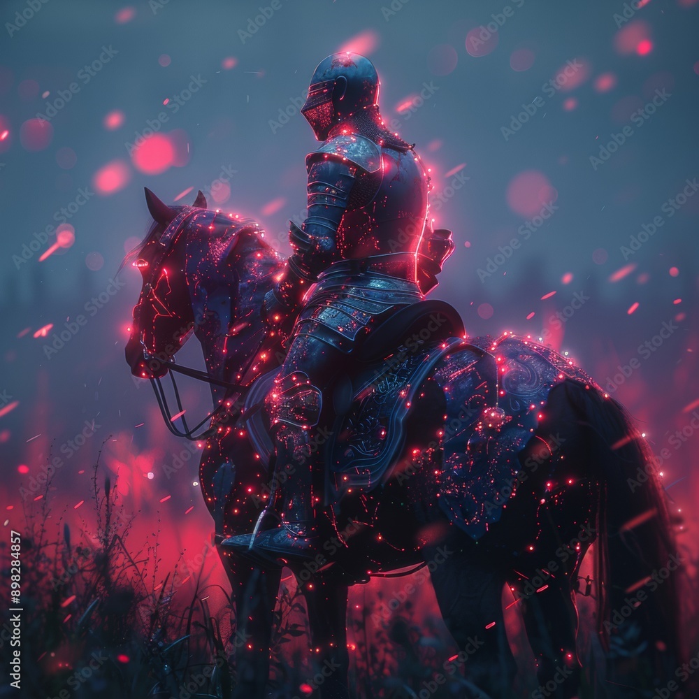 Futuristic Medieval Battle: Horse Rider with Holographic Armor and Glowing Weapons in Sci-Fi Twist Futuristic Medieval Battle: Horse Rider with Holographic Armor and Glowing Weapons in Sci-Fi Twist