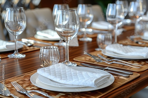 Table Setting with White Napkin, Glassware, and Silverware photo