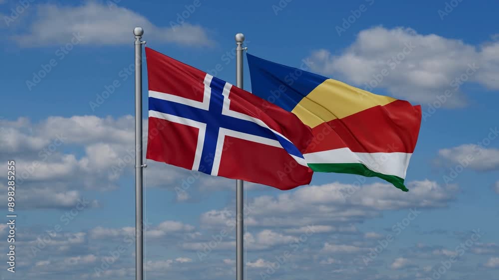 Seychelles and Norway flags flying together, video concept of the relationship, two country relations concept Seychelles and Norway flags flying together, video concept of the relationship, two country relations concept