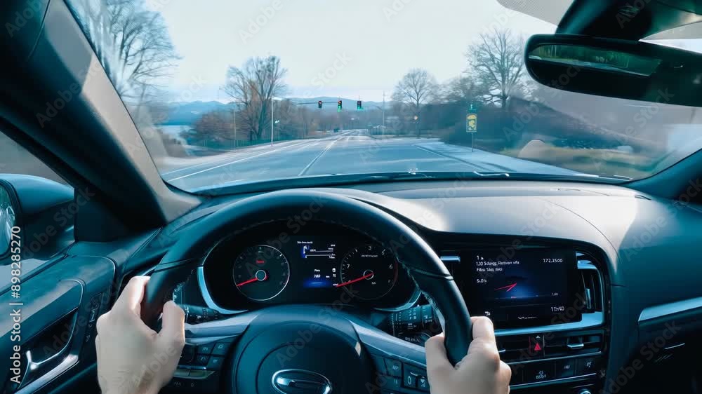 Close-Up of Hands on Wheel, Focused Driving in Urban Traffic Close-Up of Hands on Wheel, Focused Driving in Urban Traffic