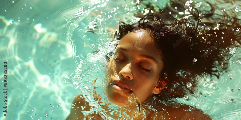 A model's lean body gently flowing through water, her hair swirling around her as she effortlessly glides through a crystal clear pool, her skin glistening in the sunlight. A model's lean body gently flowing through water, her hair swirling around her as she effortlessly glides through a crystal clear pool, her skin glistening in the sunlight.