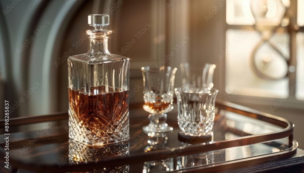 Elegant crystal decanter with amber liquid on a wooden table with glasses. Elegant crystal decanter with amber liquid on a wooden table with glasses.