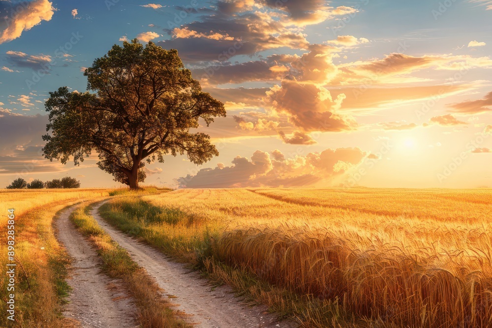 golden hour rural idyll winding dirt road through sundrenched wheat field ancient oak trees cast long shadows warm rich colors paint sky nostalgic dreamy atmosphere golden hour rural idyll winding dirt road through sundrenched wheat field ancient oak trees cast long shadows warm rich colors paint sky nostalgic dreamy atmosphere