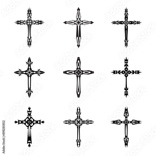 Christian cross vector icon symbols.  Abstract christian religious belief or faith art illustration for orthodox or catholic design. The symbol of the cross in various designs used in tattoo.	