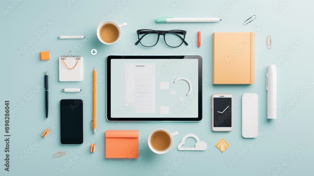 A collection of items including a cell phone, a car, a book, a cup, a pen A collection of items including a cell phone, a car, a book, a cup, a pen