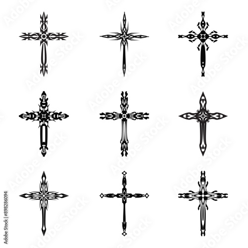 Christian cross vector icon symbols.  Abstract christian religious belief or faith art illustration for orthodox or catholic design. The symbol of the cross in various designs used in tattoo.	