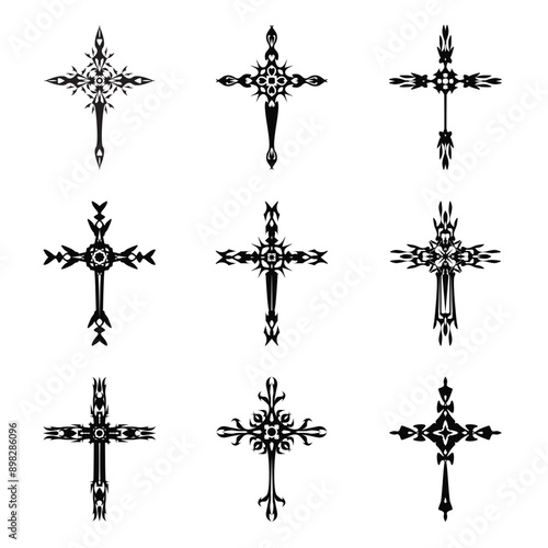 Christian cross vector icon symbols.  Abstract christian religious belief or faith art illustration for orthodox or catholic design. The symbol of the cross in various designs used in tattoo.	