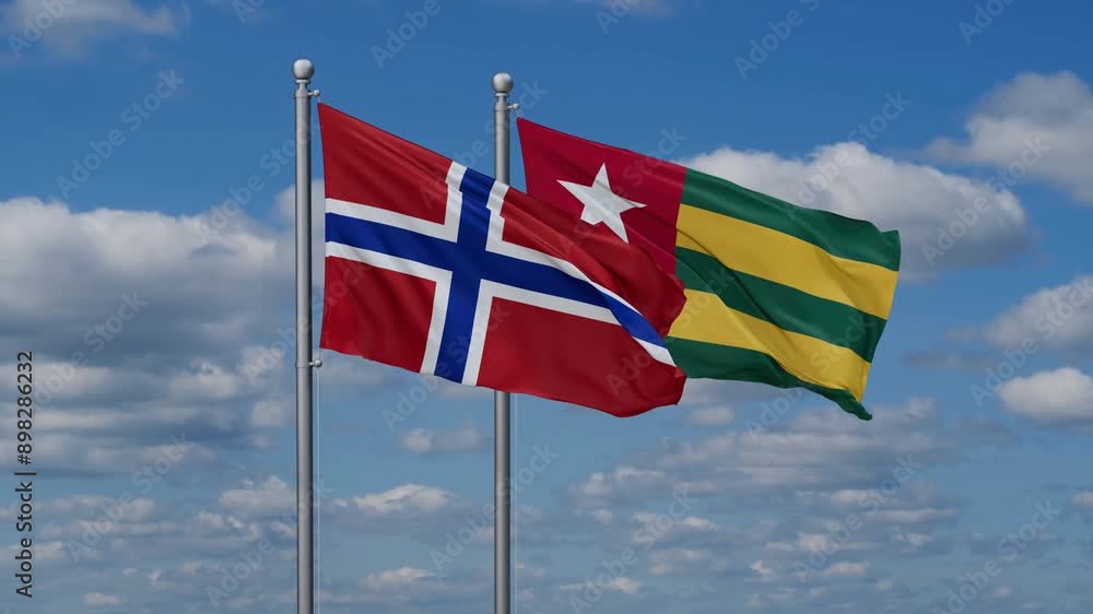 Togo, Togolese Republic and Norway flags flying together, video concept of the relationship, two country cooperation concept Togo, Togolese Republic and Norway flags flying together, video concept of the relationship, two country cooperation concept