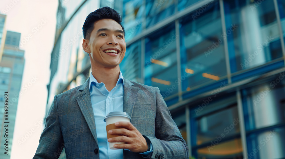 Stylish and confident asian businessman hold cup coffee near modern office building. An office worker going to work in the morning. Stylish and confident asian businessman hold cup coffee near modern office building. An office worker going to work in the morning.