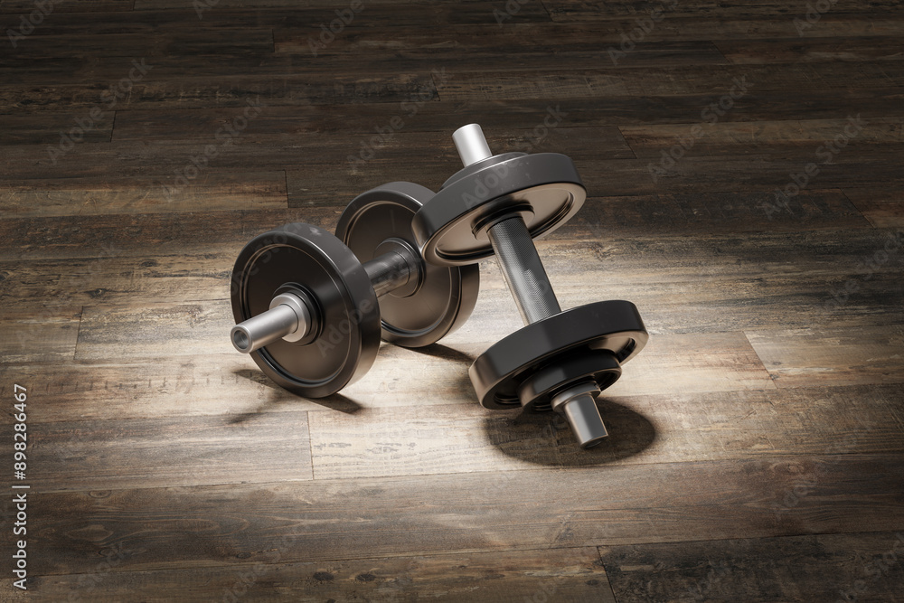 Two dumbbells on a hardwood floor under a spotlight. Two dumbbells on a hardwood floor under a spotlight.