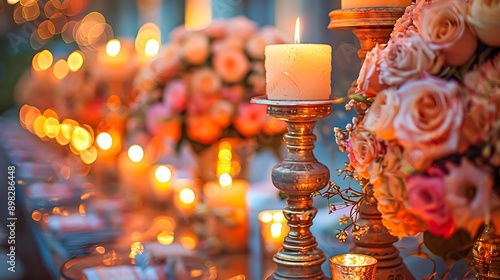 Elegant candlelit dinner table adorned with ornate candlesticks and fresh flower bouquets, perfect for a romantic event or wedding reception setting,