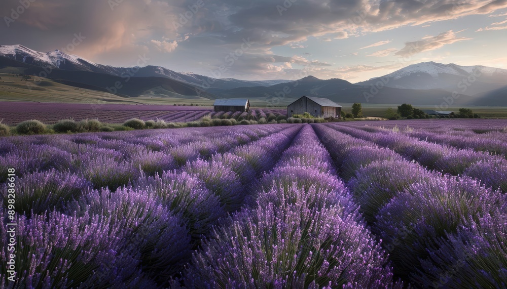 Scenic view of a lavender field with mountains in the background. Scenic view of a lavender field with mountains in the background.