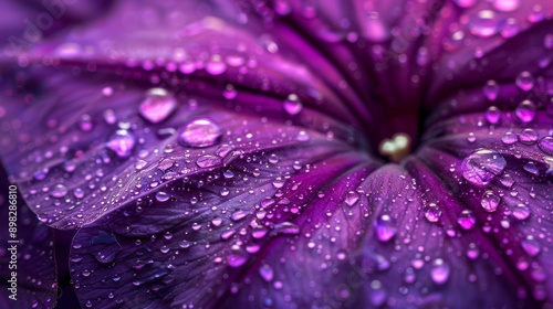  A tight shot of a purple flower with dewdrops on its petals, particularly at the center photo