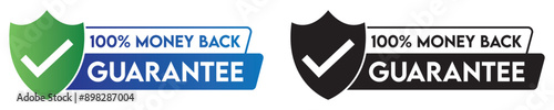 100% money back guarantee vector icon set with tick mark, blue, green and black color.