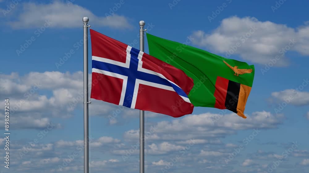 Zambia and Norway flags flying together, video concept of the relationship, two country cooperation concept Zambia and Norway flags flying together, video concept of the relationship, two country cooperation concept
