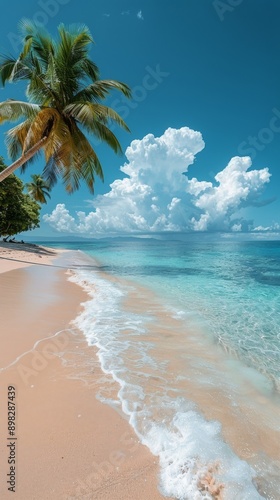 Sandy Beach With Palm Trees and Clear Blue Water