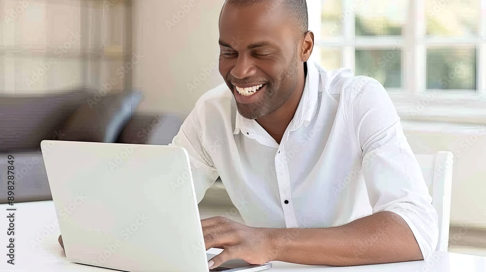 Ecstatic Man Diligently Working on His Laptop in the Comfort of His Home Office Ecstatic Man Diligently Working on His Laptop in the Comfort of His Home Office