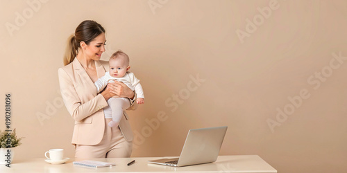 A businesswoman holding her baby while standing in a bright, modern home office. The scene represents the balance of work and motherhood