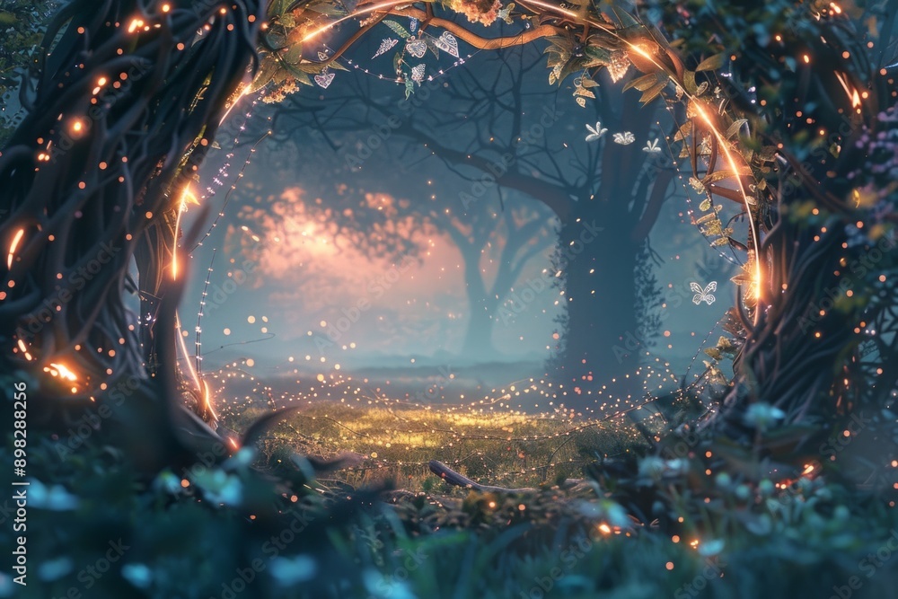 Ethereal Fairy Circle. A frame made of glowing, intertwined fairy rings and delicate, magical creatures. The center is a blank, enchanted meadow under a twilight sky. Ethereal Fairy Circle. A frame made of glowing, intertwined fairy rings and delicate, magical creatures. The center is a blank, enchanted meadow under a twilight sky.
