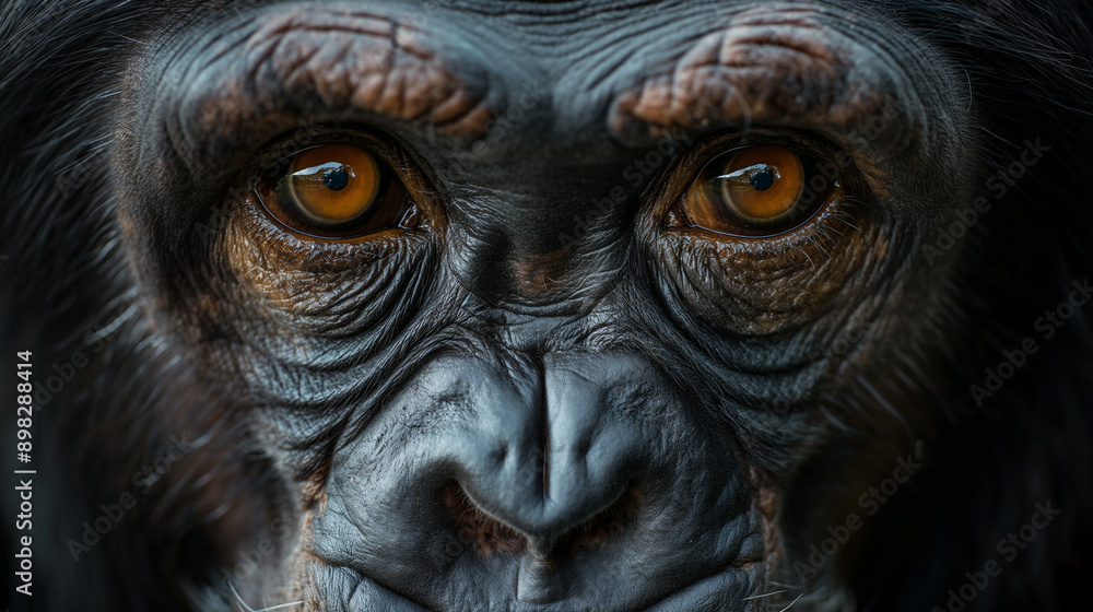 Close-up of a chimpanzee's face, capturing the texture of its fur and the wisdom in its eyes, set against a neutral gray background Close-up of a chimpanzee's face, capturing the texture of its fur and the wisdom in its eyes, set against a neutral gray background