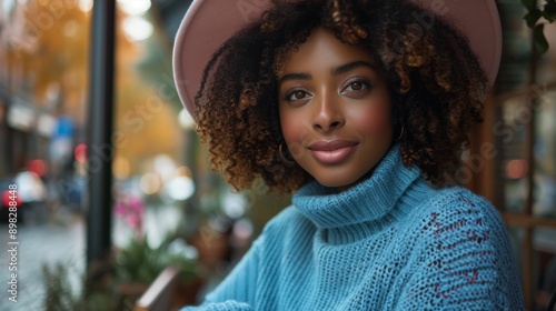 Woman in Blue Sweater and Pink Hat