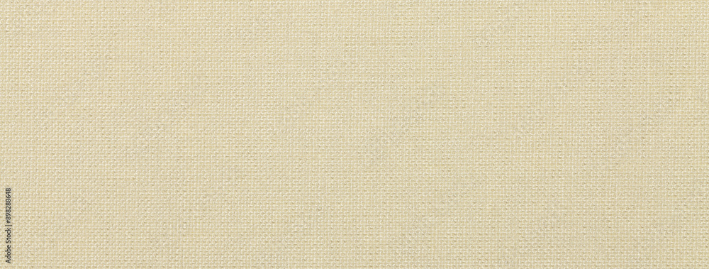 Texture of light beige color background from textile material with wicker pattern, macro. Vintage sand fabric
