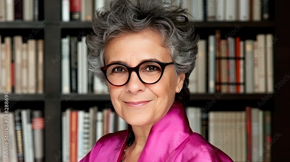 Woman With Grey Hair Smiling In Front Of Bookshelf Woman With Grey Hair Smiling In Front Of Bookshelf