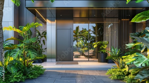 A modern entrance with a glass door and lush greenery surroundin photo