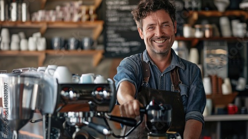 A coffee bar owner smiling while holding a portafilter in their cafe. 