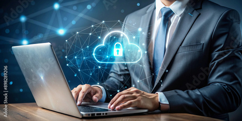  A businessman using a laptop with a digital network overlay, symbolizing cybersecurity and data protection in a modern, connected environment