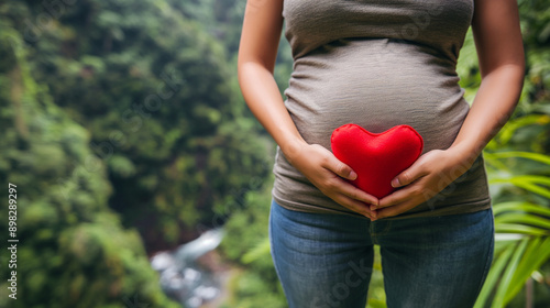 Close-up of a womanâs hands holding a red heart shape over her belly, with a vibrant natural backdrop