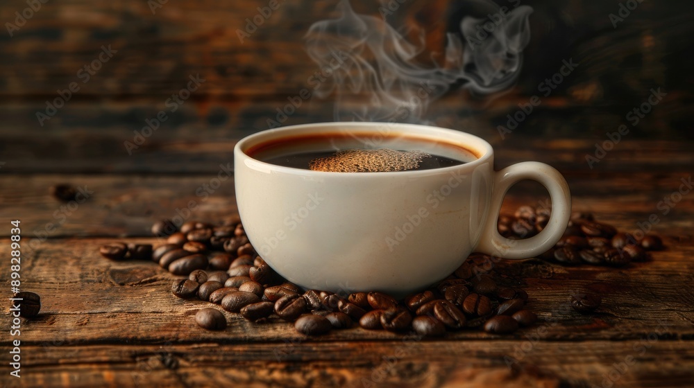 A cup of black coffee with a delicate swirl of steam, set on an aged wooden surface with beans. A cup of black coffee with a delicate swirl of steam, set on an aged wooden surface with beans.