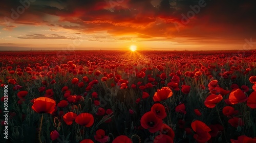  A field filled with red blooms under a sunset midday sky