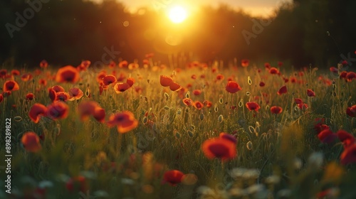  A field filled with red flowers during sunset