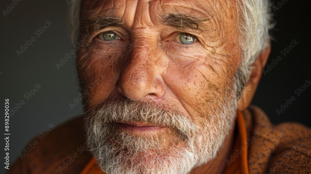 A man with white hair and beard wears a browning jacket, gazing seriously into the camera in this close-up image A man with white hair and beard wears a browning jacket, gazing seriously into the camera in this close-up image