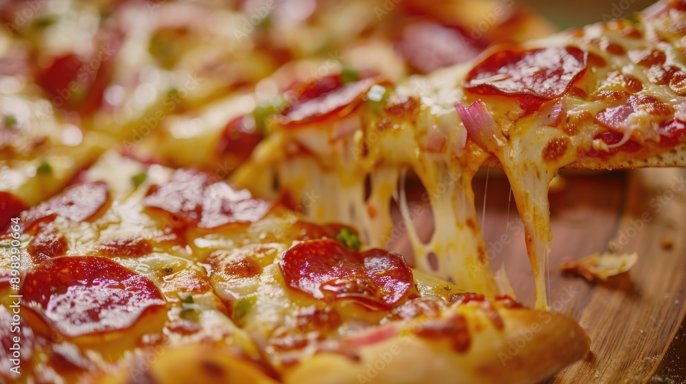 A slice of pizza with melted cheese and pepperoni, perfect for snacking or serving at an event A slice of pizza with melted cheese and pepperoni, perfect for snacking or serving at an event