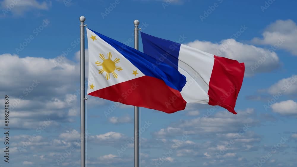 France and Philippines flags waving together, video concept of the relationship, two country relations concept France and Philippines flags waving together, video concept of the relationship, two country relations concept