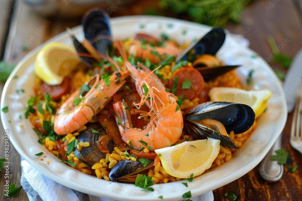 A dish of paella, a vibrant mix of saffron rice, shrimp, clams, mussels, and chorizo, garnished with lemon wedges and parsley. A dish of paella, a vibrant mix of saffron rice, shrimp, clams, mussels, and chorizo, garnished with lemon wedges and parsley.