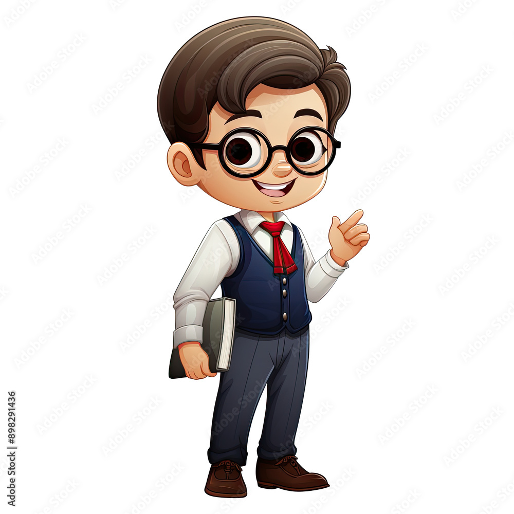 An illustration of a boy teacher wearing glasses and holding a book An illustration of a boy teacher wearing glasses and holding a book