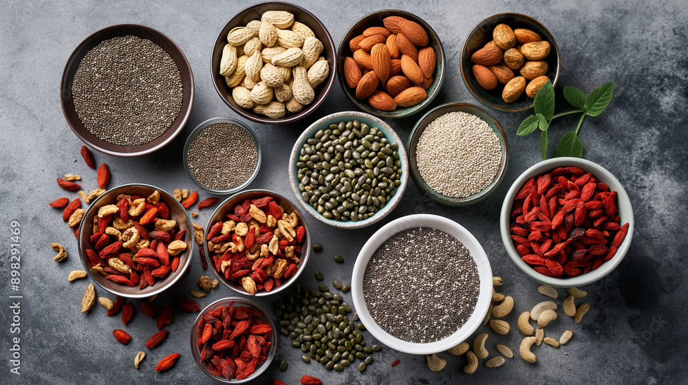 A selection of superfoods like chia seeds, goji berries, and nuts arranged on a table A selection of superfoods like chia seeds, goji berries, and nuts arranged on a table