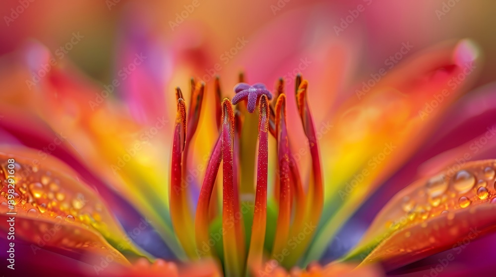 Fototapeta premium A tight shot of a vibrant flower, adorned with water droplets on its petals, and the flower's center gleaming wetly